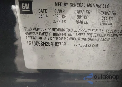 2014 Chevrolet Sonic Lt Auto z USA, uszkodzony, nr VIN 1G1JC5SH2E4182739